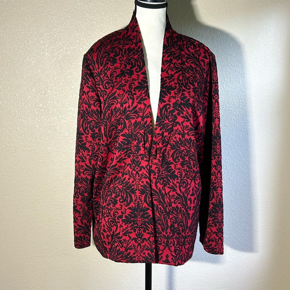 Christopher & Banks Women's Open Front Long Red with Black Print Cardiga…